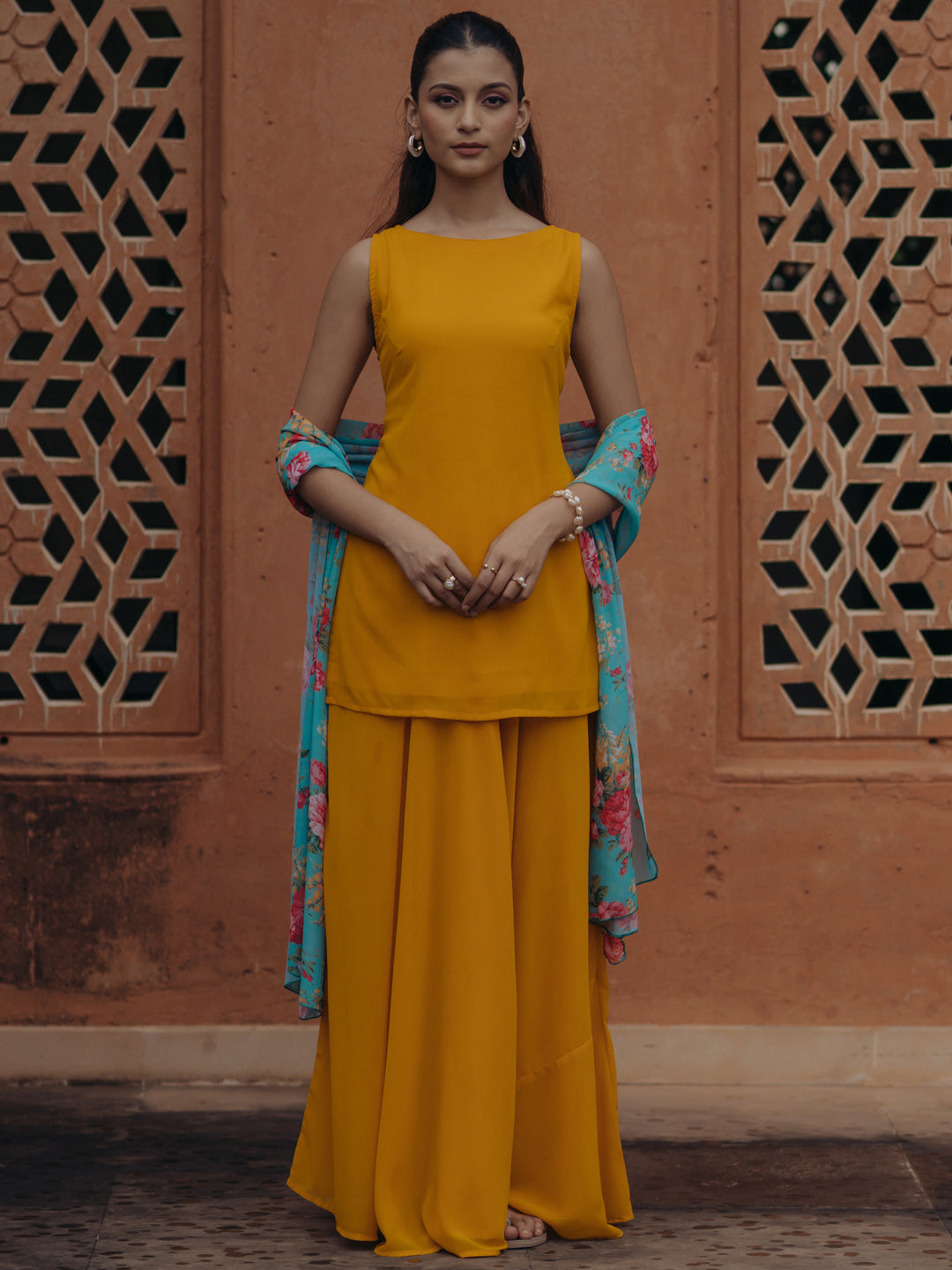 Women's Yellow Georgette Kurta Set With Dupatta