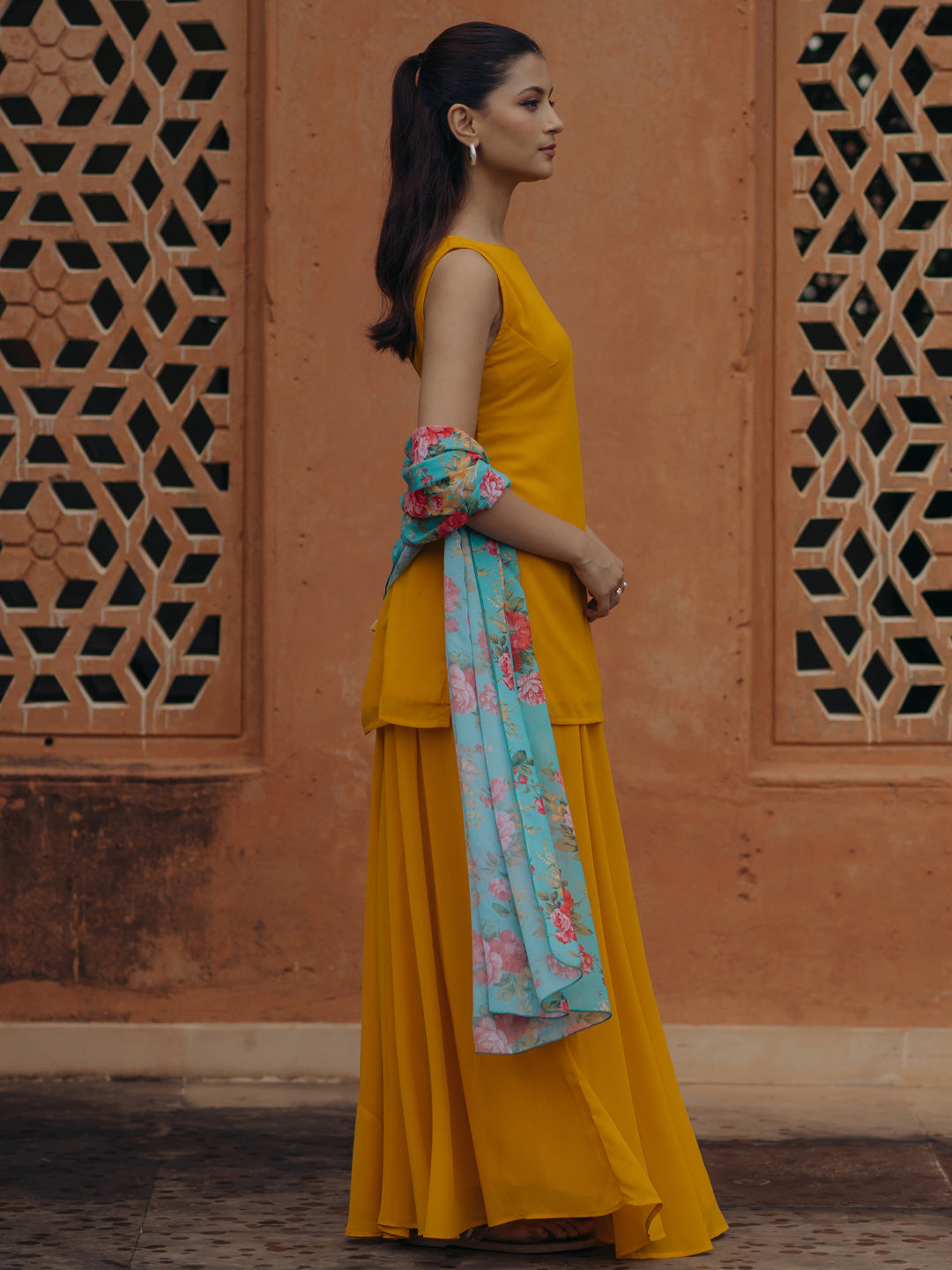 Women's Yellow Georgette Kurta Set With Dupatta