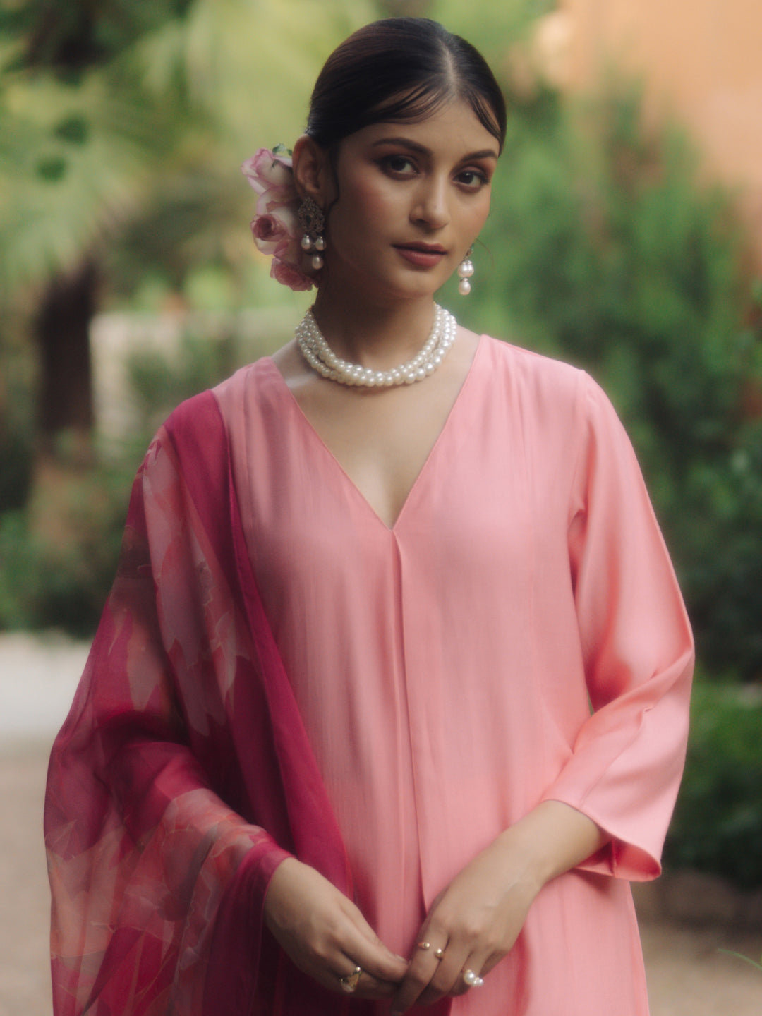 Women's Peach Remi Silk Kurta Set with Organza Dupatta