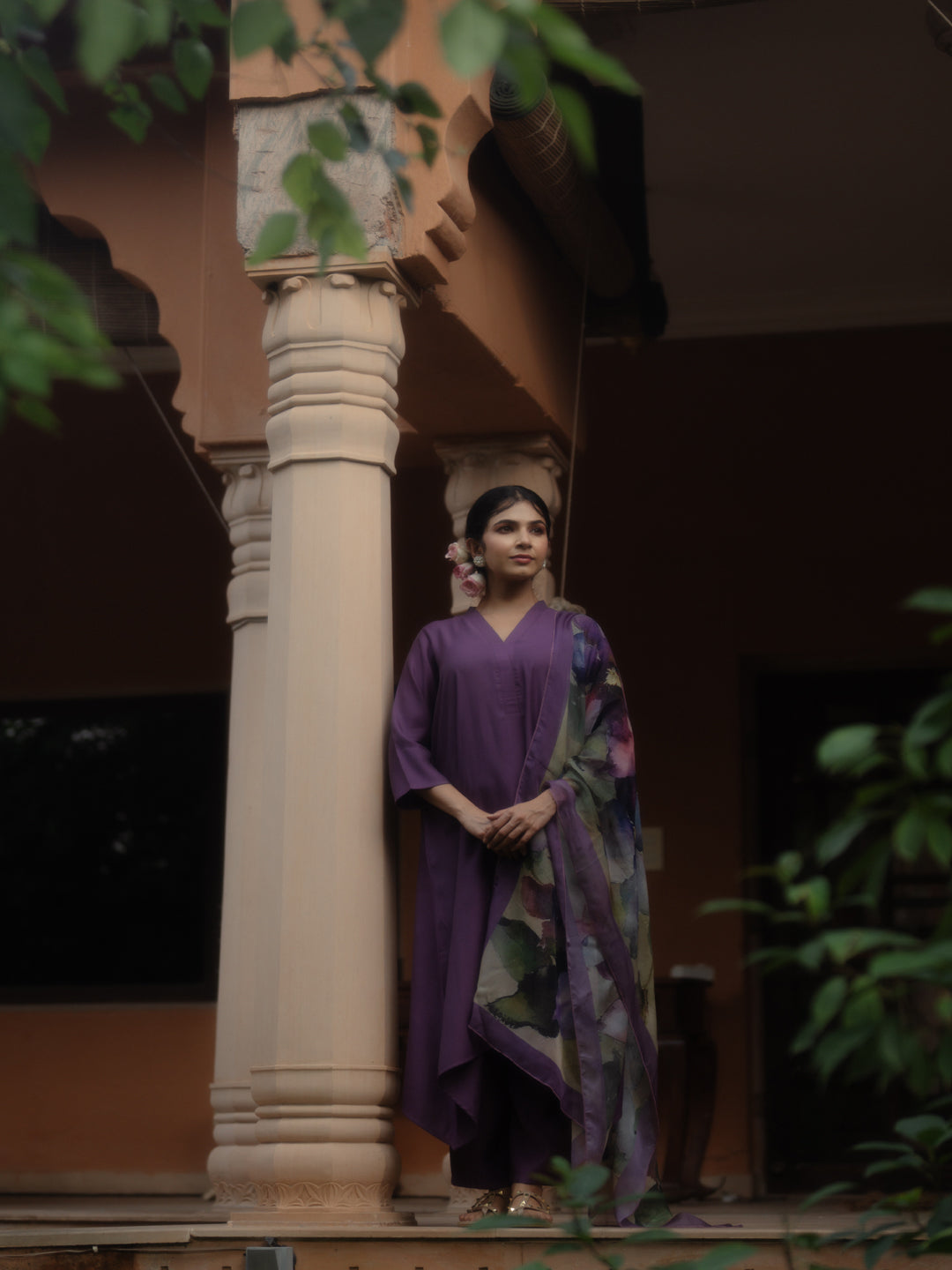 Women's Purple Remi Silk Kurta Set with Organza Dupatta