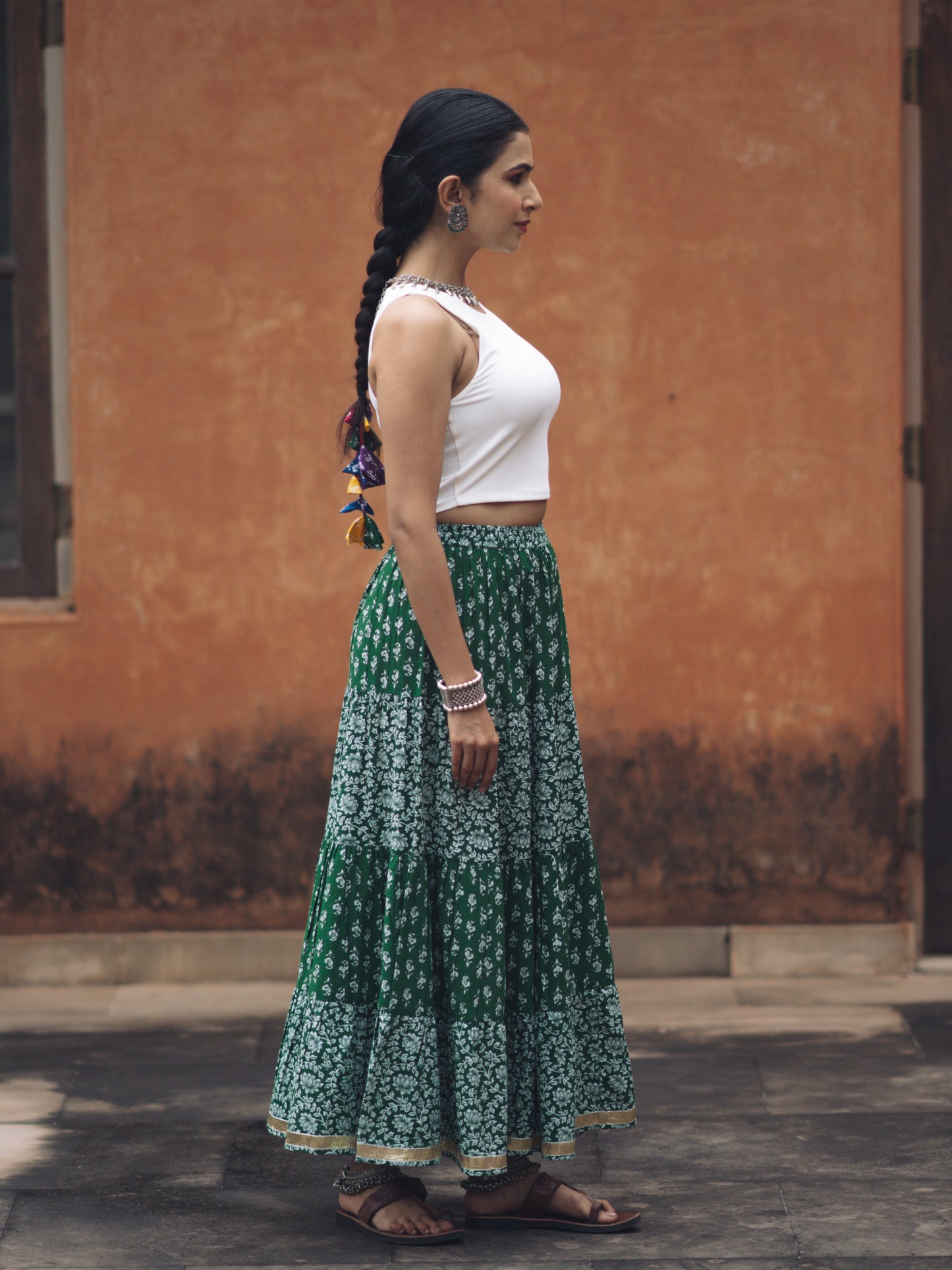 Women's Green Printed Tiered Skirt