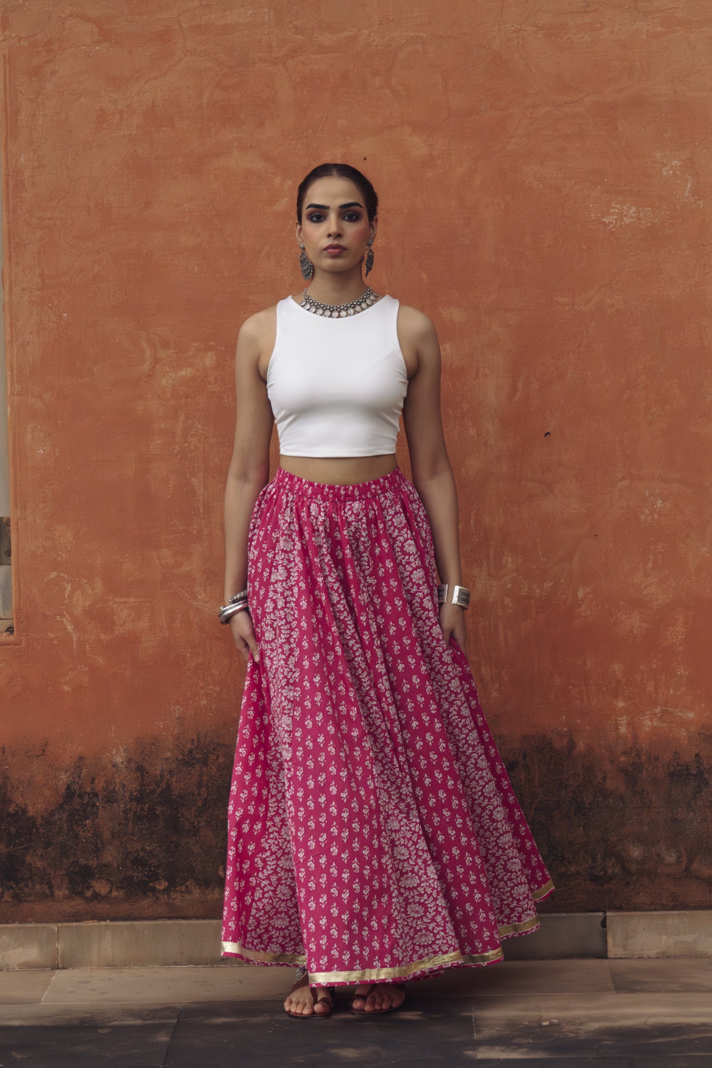 Women's Floral Pink flared Maxi Skirt