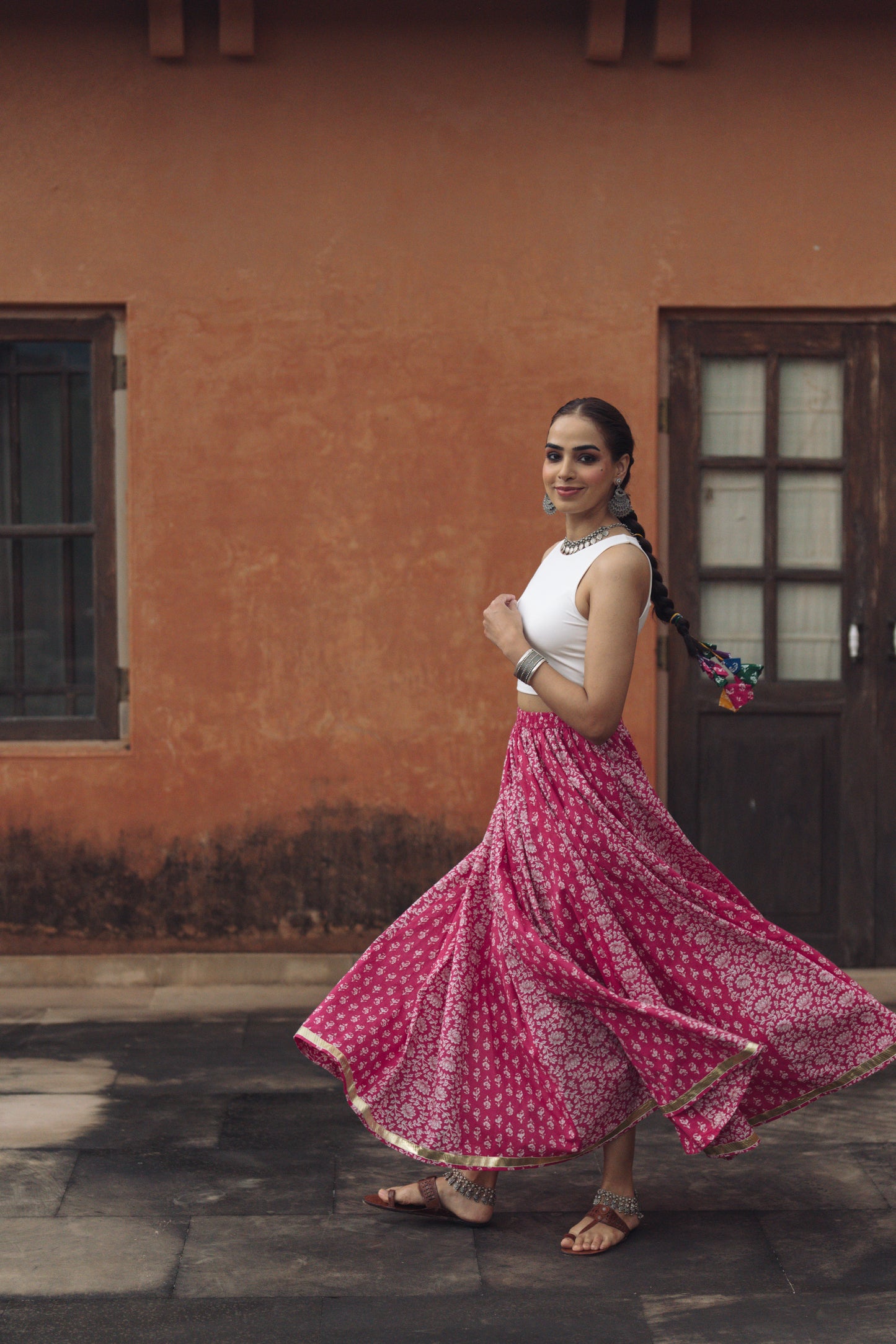 Women's Floral Pink flared Maxi Skirt