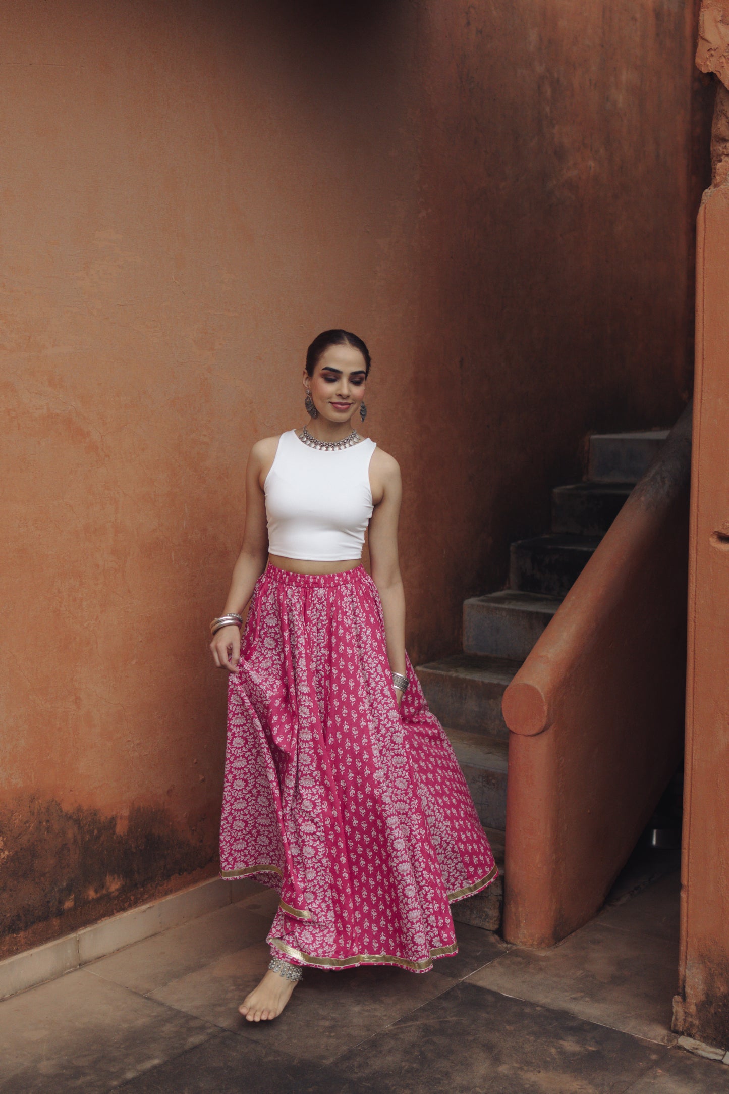 Women's Floral Pink flared Maxi Skirt