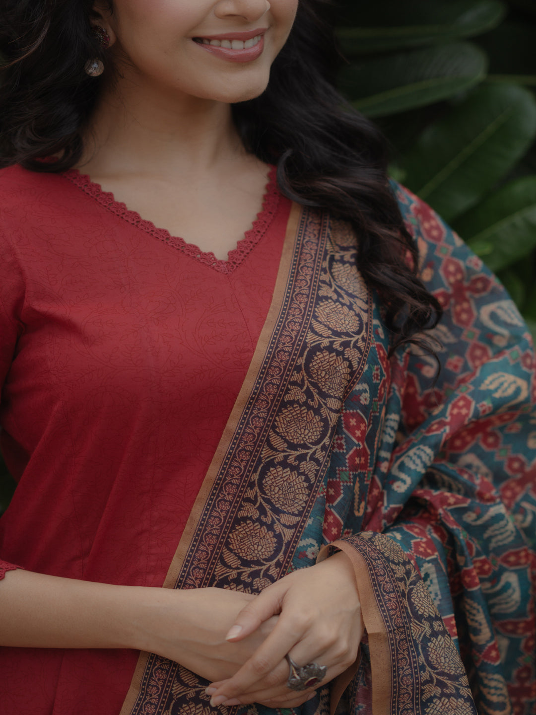 Women's Red Cotton Kurta Set with Printed Chanderi Dupatta