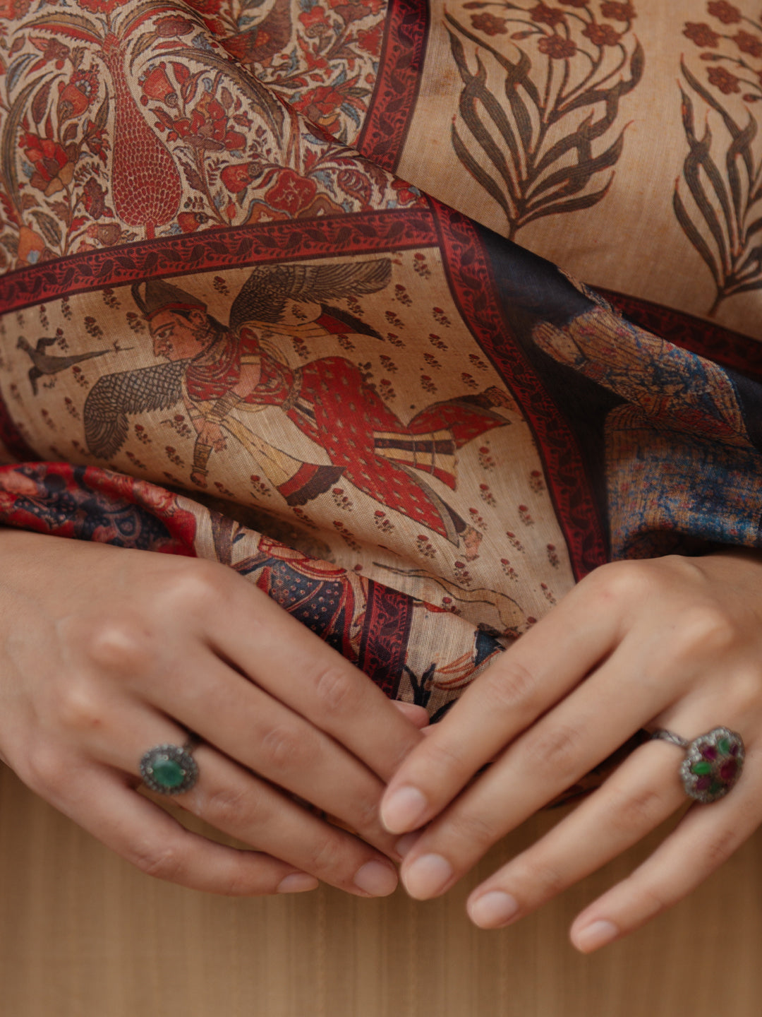 Women's Beige Cotton Kurta Set with Printed Chanderi Dupatta