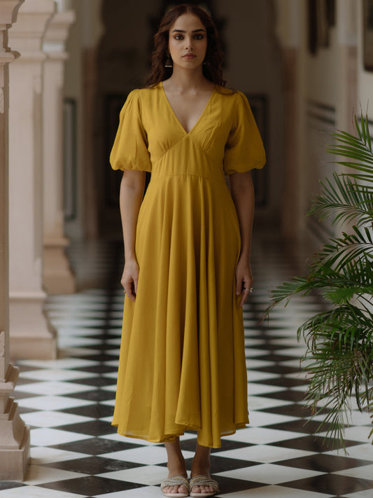 Women's Yellow long dress with balloon sleeves