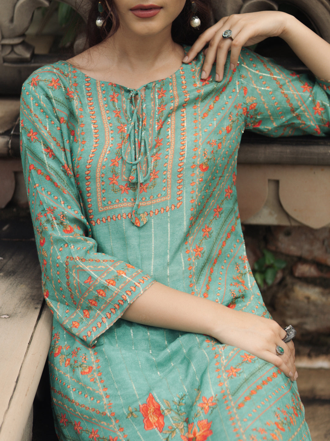 Women's Sea Green floral Sequined Straight Kurta Set