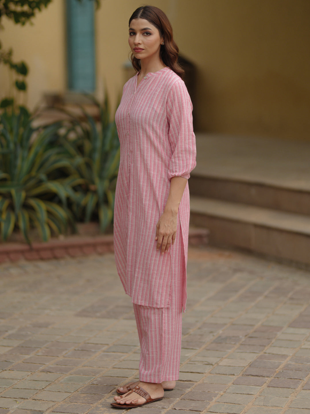 Womens's Pink Cotton Button Up Kurta with Trousers