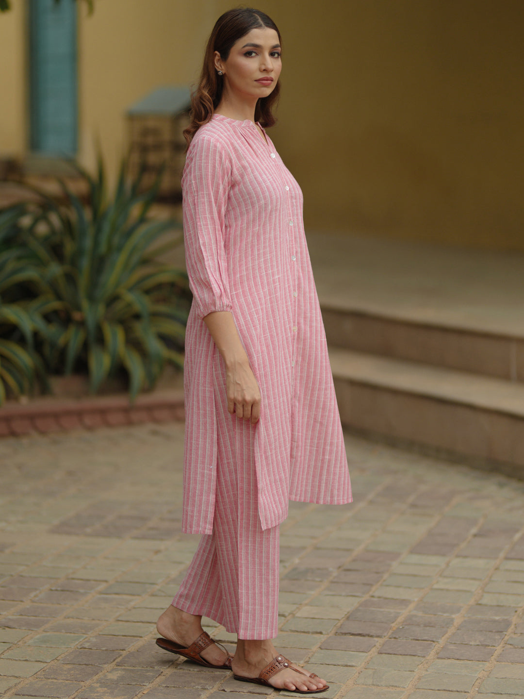 Womens's Pink Cotton Button Up Kurta with Trousers