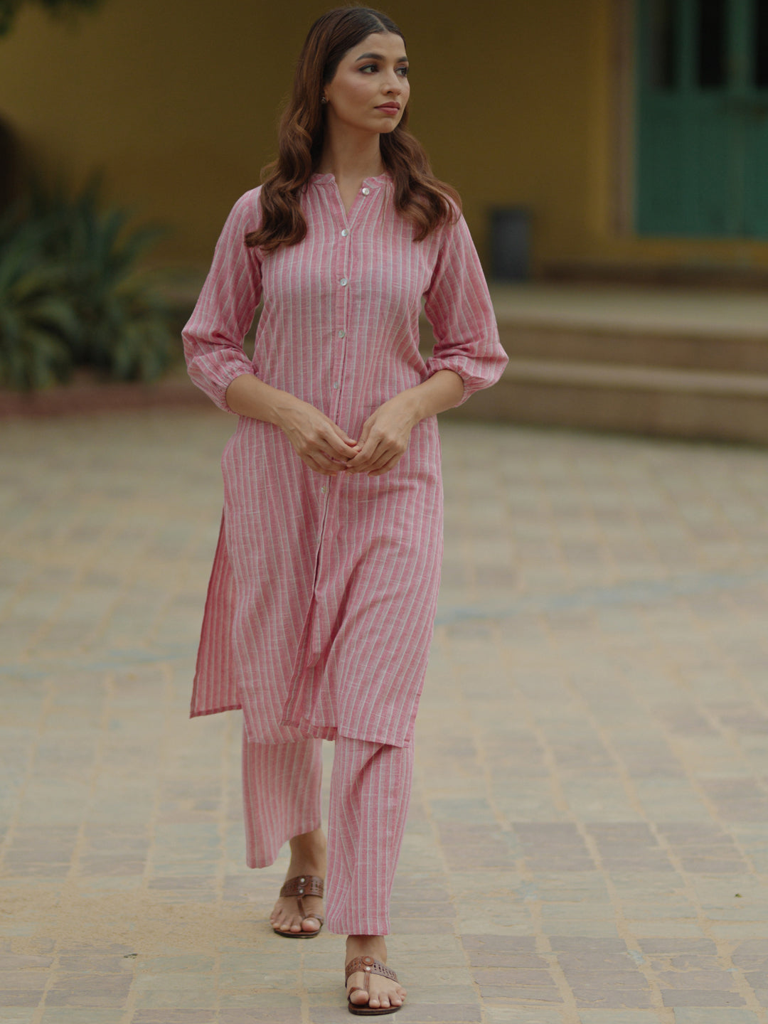 Womens's Pink Cotton Button Up Kurta with Trousers