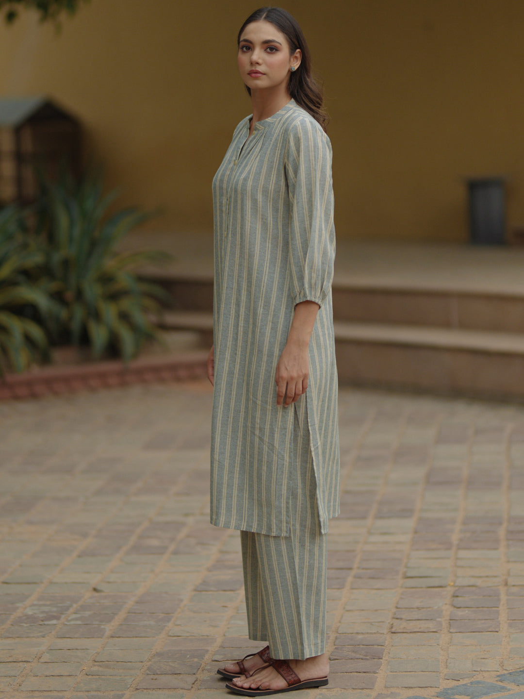 Womens's Grey Cotton Button Up Kurta with Trousers