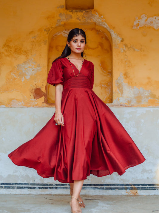 Women's Maroon Printed Tier Dress