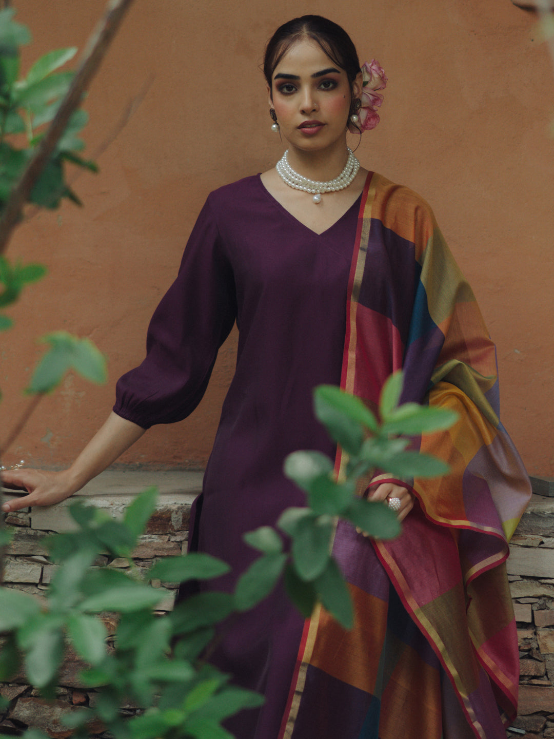 Women's Purple Remi Silk Kurta Set with Multicolor Organza Dupatta