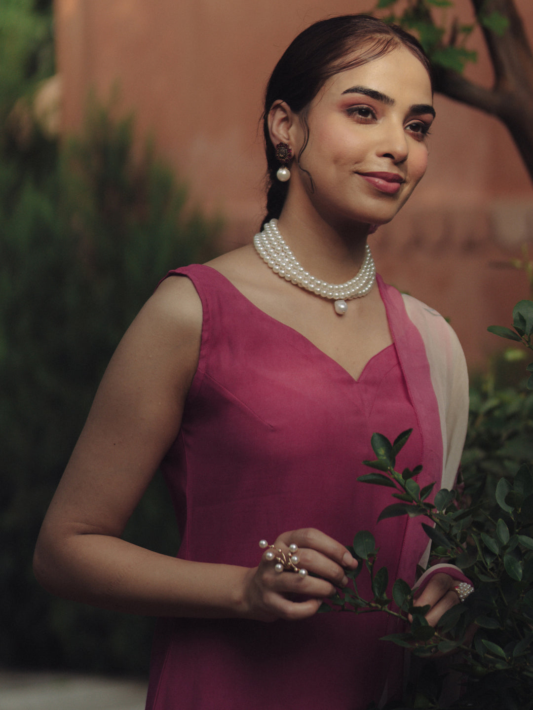 Women's Dark Pink Silk Kurta Set with Organza White Dupatta