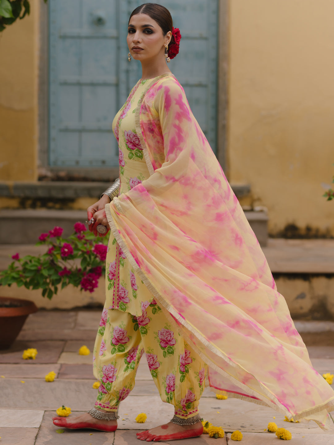 Women's Floral Kurta Set with Tie Dye Dupatta
