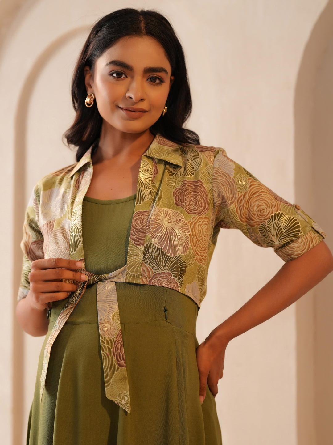 Women's Green Cotton Maternity Dress