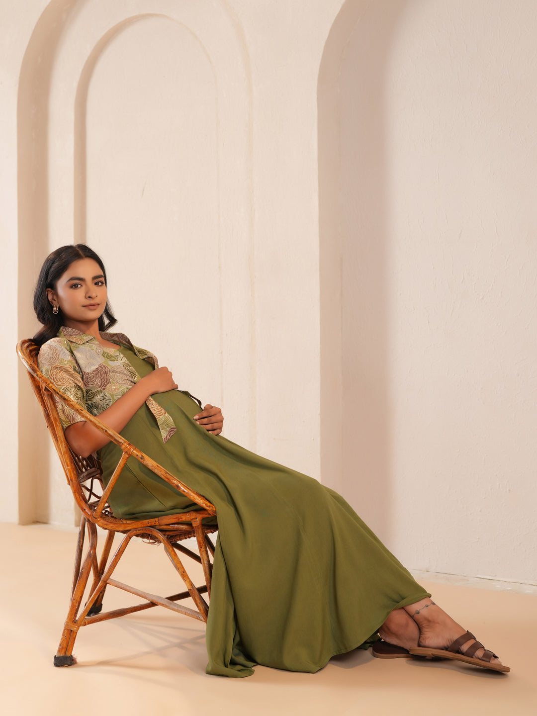 Women's Green Cotton Maternity Dress