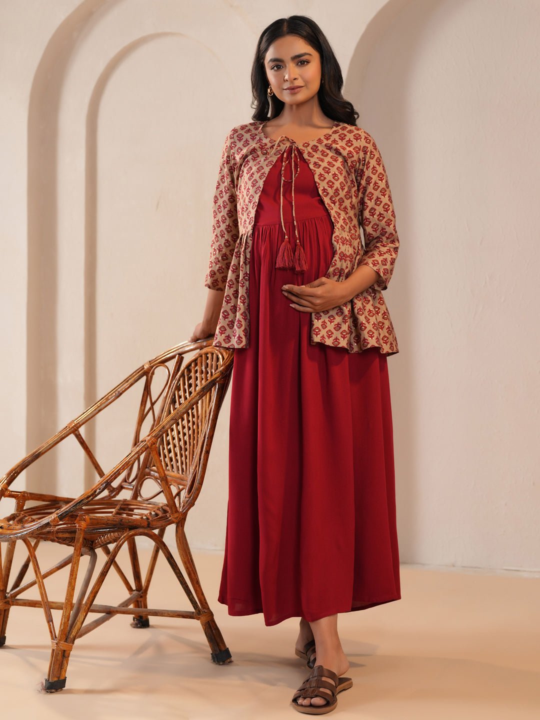 Women's Maroon Maternity Dress with Jacket