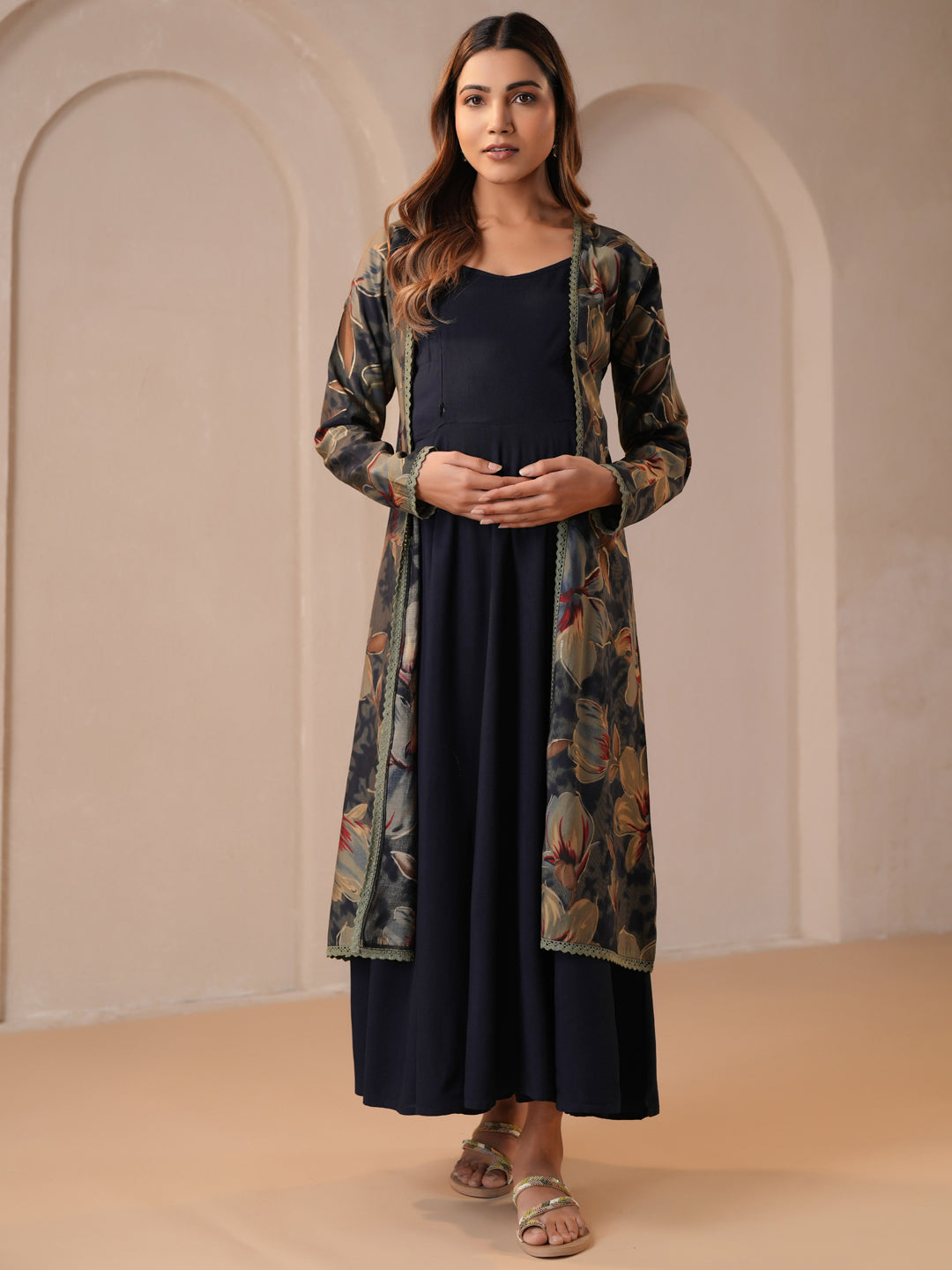 Women's Black Maternity Dress with Cape Jacket