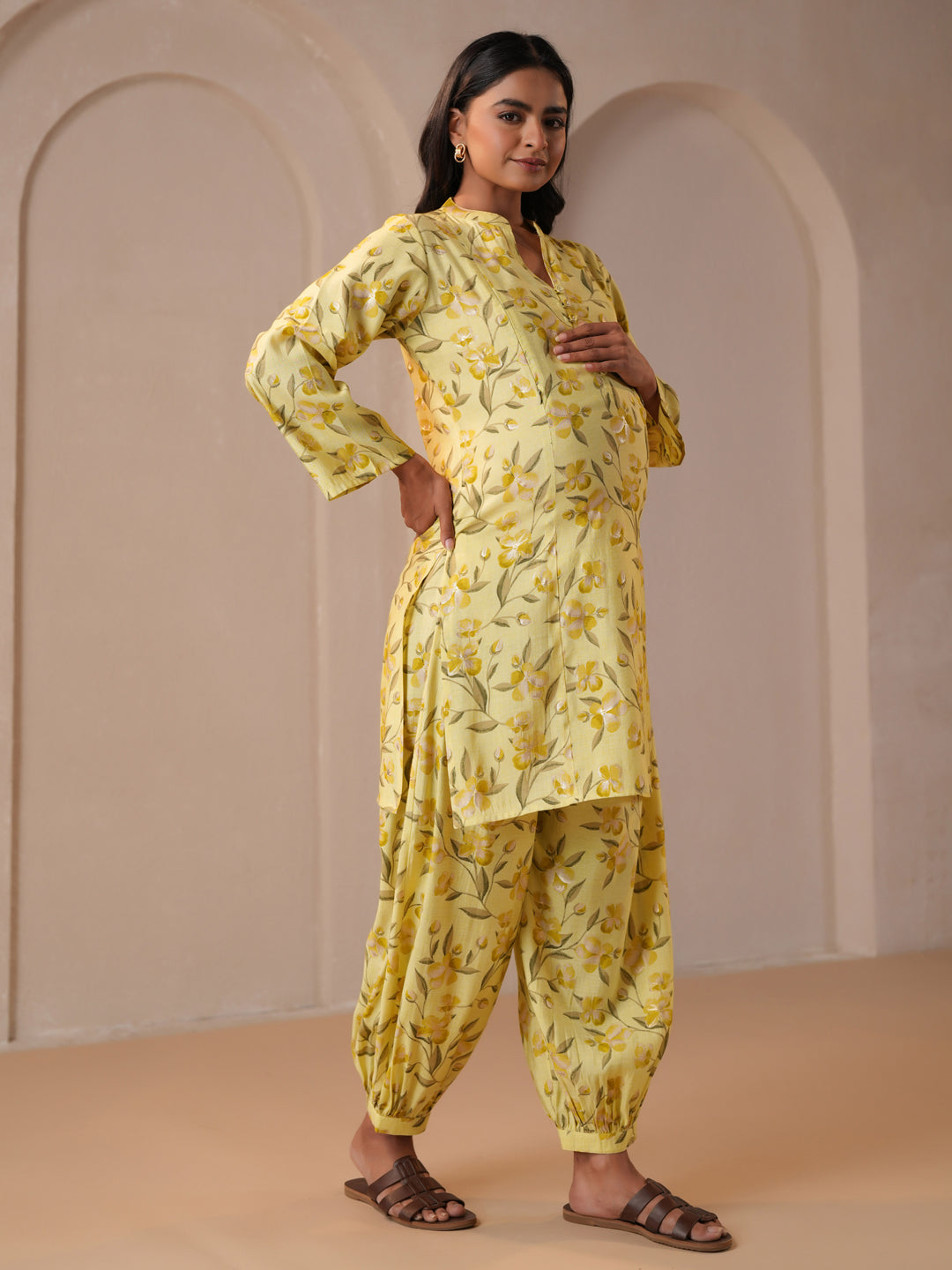 Women's Floral Yellow Feeding Maternity Kurta Sets