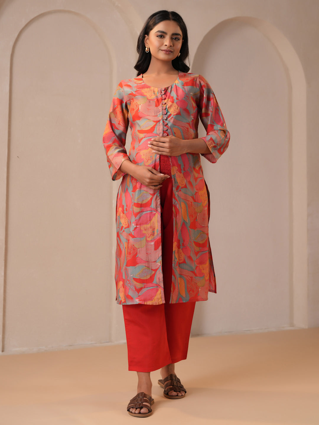 Women's Red Silk Maternity Kurta Sets