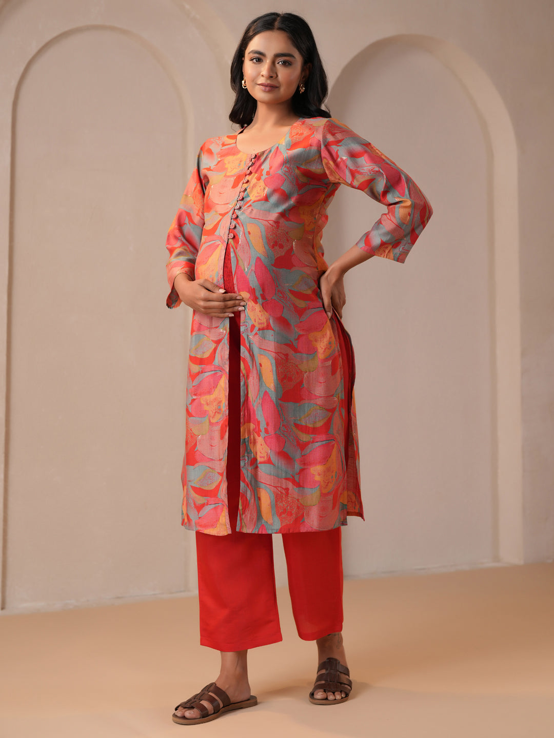 Women's Red Silk Maternity Kurta Sets