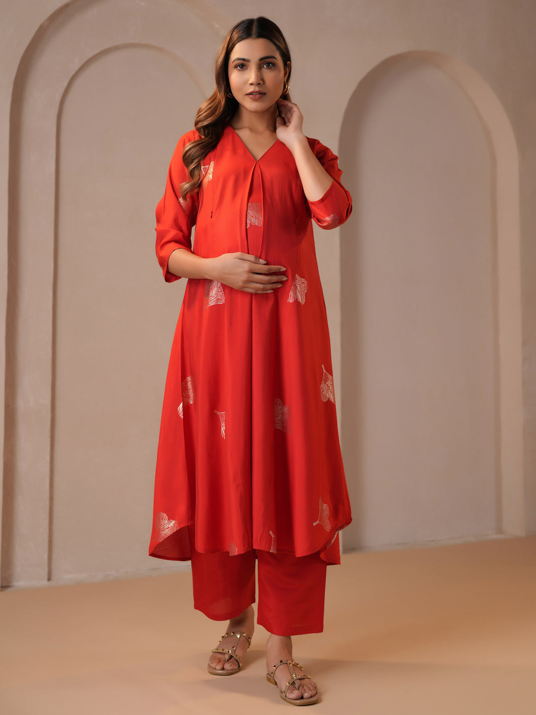 Women's Bold Red Feeding Maternity Silk Kurta Sets with Pants
