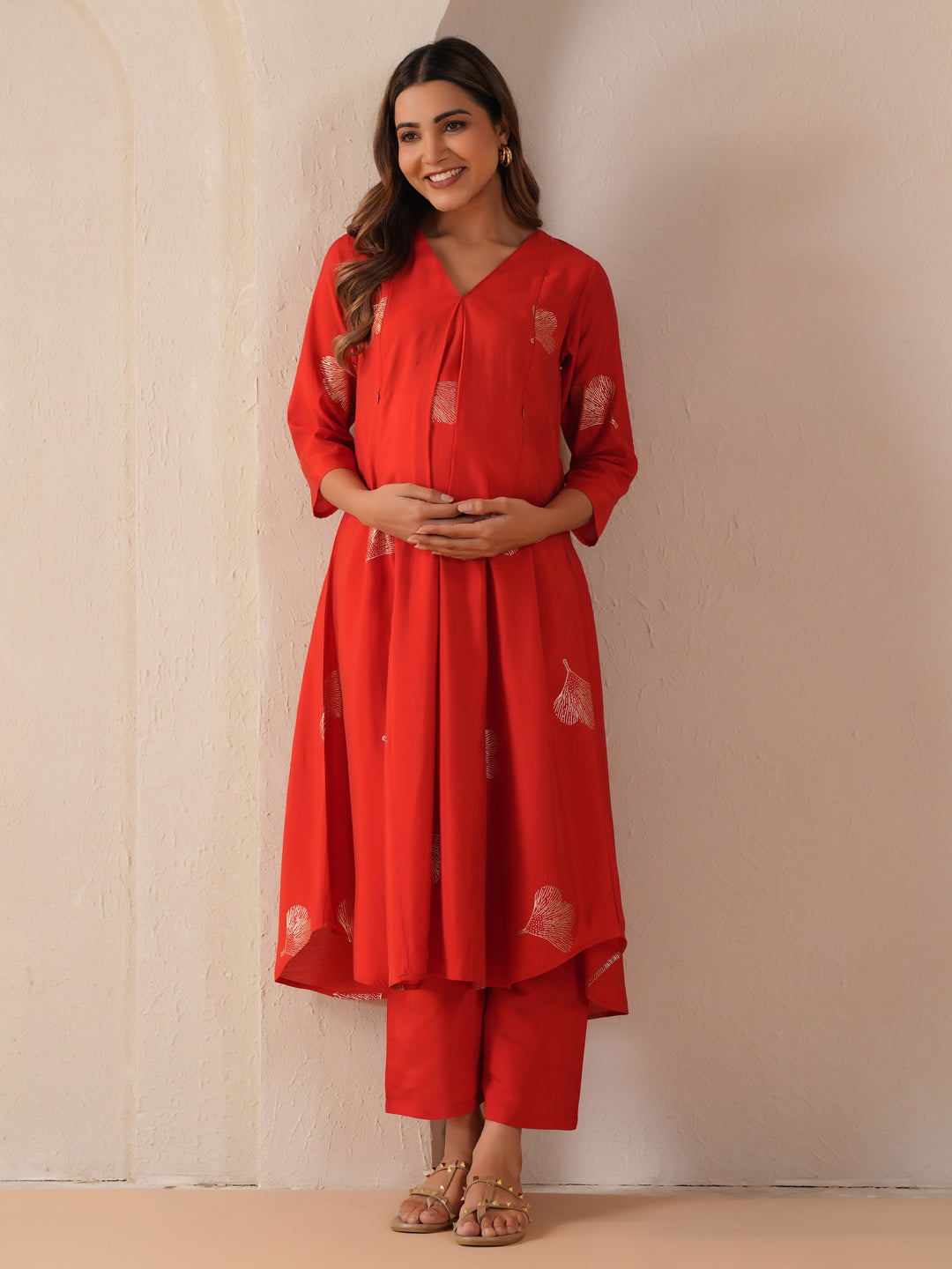 Women's Bold Red Feeding Maternity Silk Kurta Sets with Pants