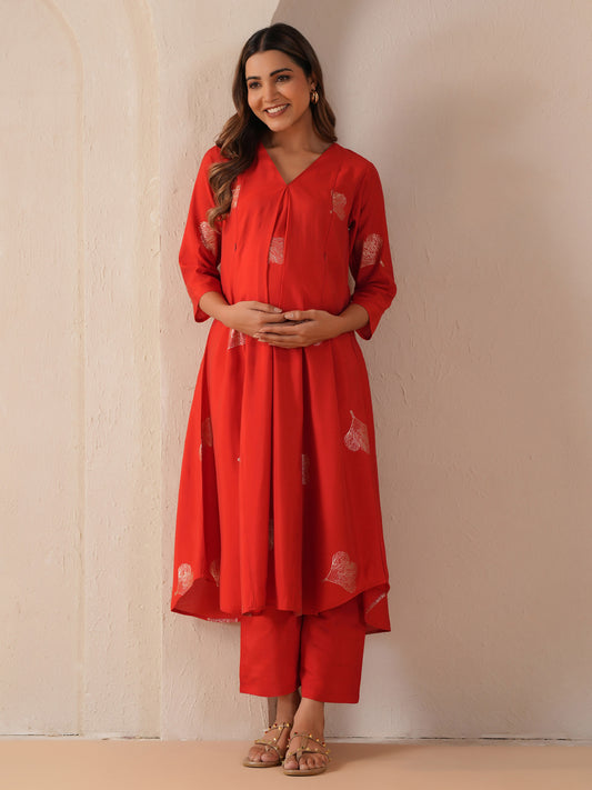 Women's Bold Red Feeding Maternity Silk Kurta Sets with Pants