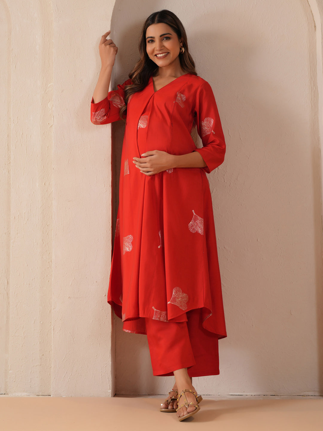 Women's Bold Red Feeding Maternity Silk Kurta Sets with Pants