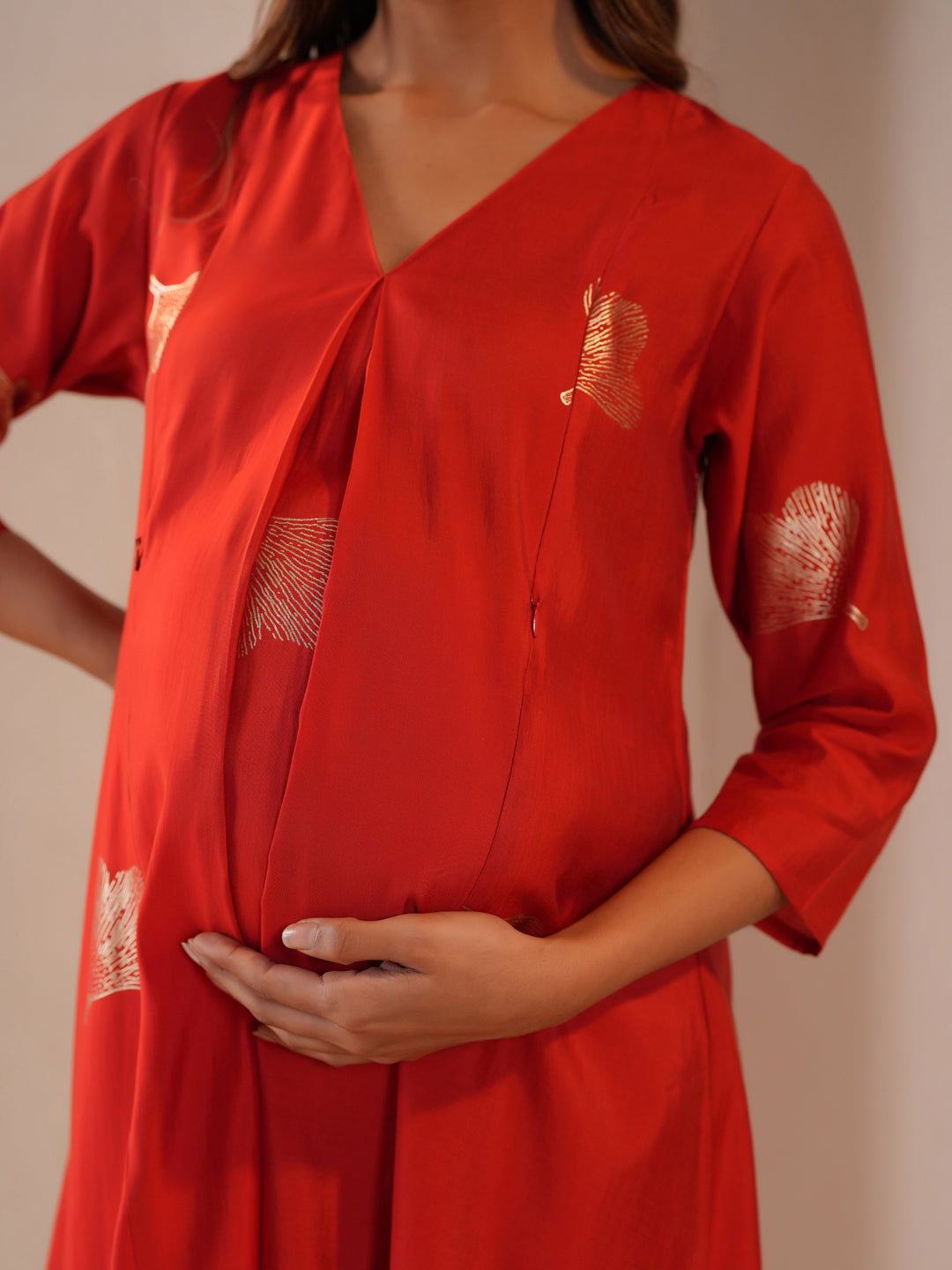Women's Bold Red Feeding Maternity Silk Kurta Sets with Pants