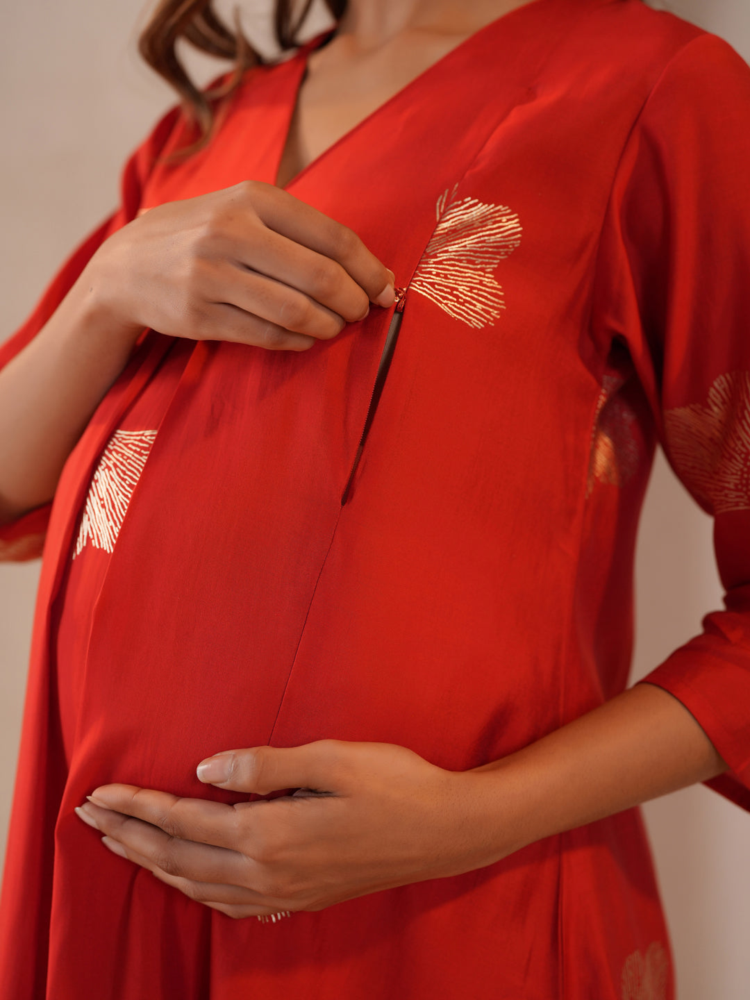 Women's Bold Red Feeding Maternity Silk Kurta Sets with Pants