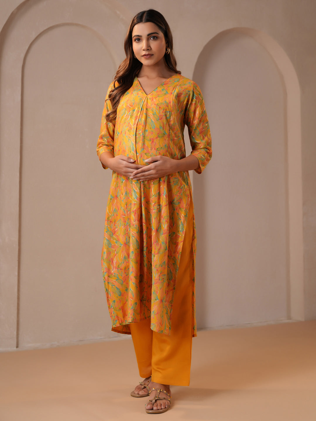 Women's Premium Yellow Silk Feeding Maternity Kurta Pajama Sets