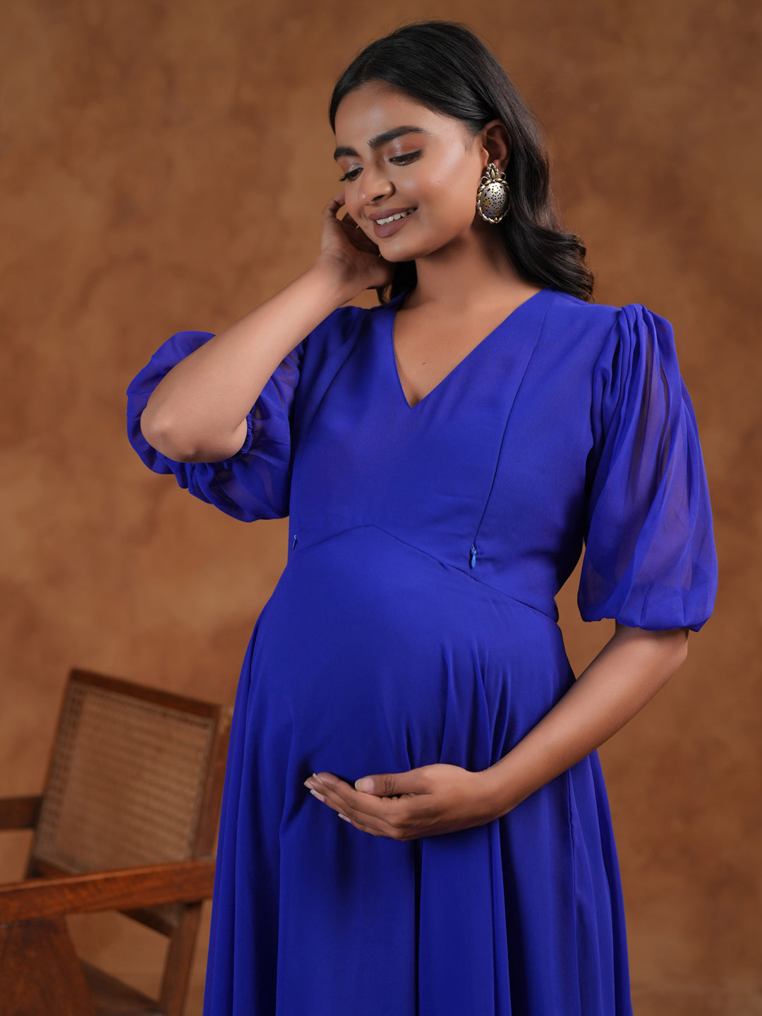 Women's Georgette Blue Maternity Dress