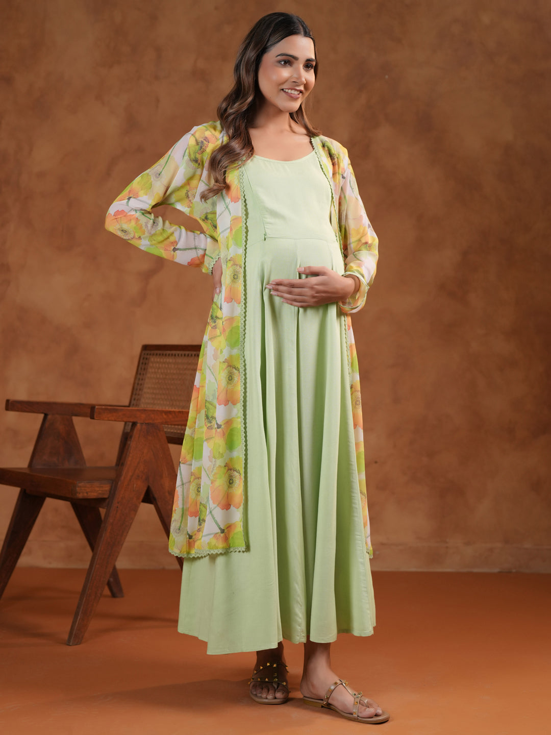 Women's Green Maternity Dress with Cape Jacket