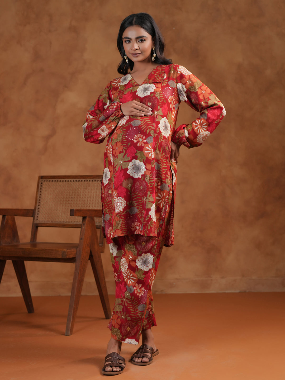 Women's Floral Red Maternity Kurta Sets