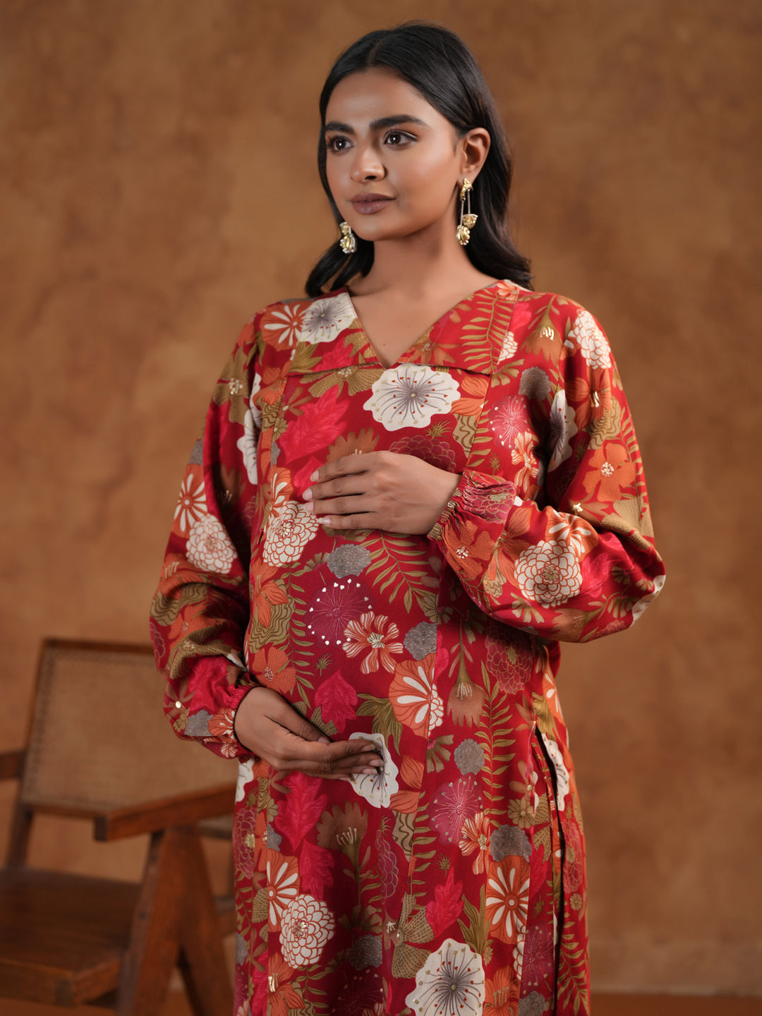 Women's Floral Red Maternity Kurta Sets