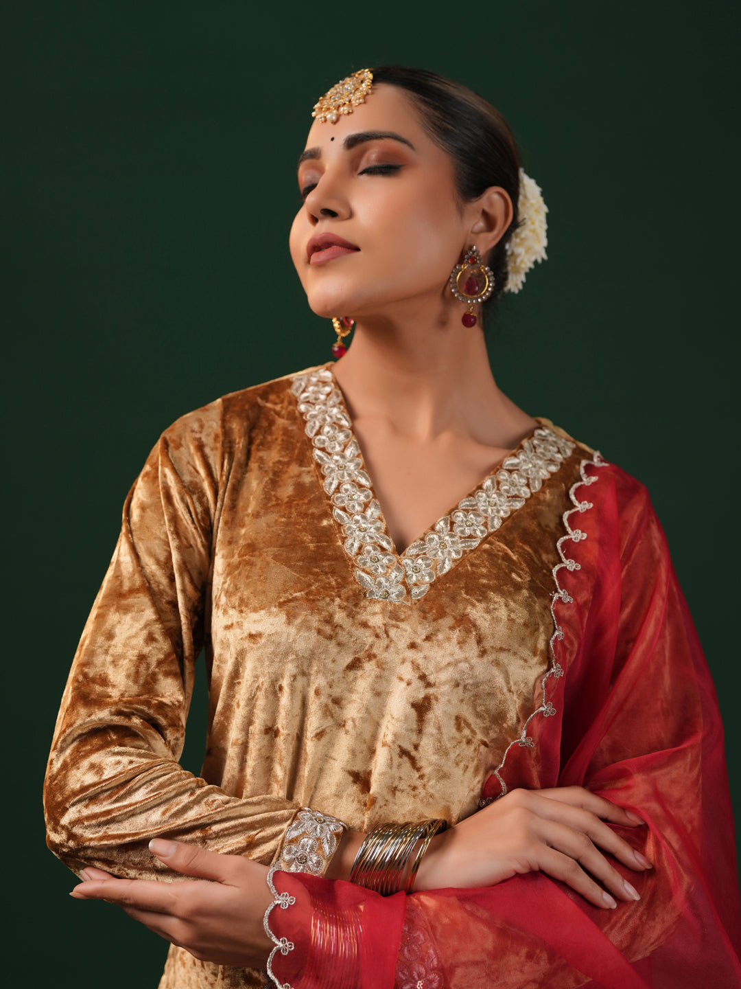 Women's Gold Embroiderd Velvet Kurta Set with Dupatta