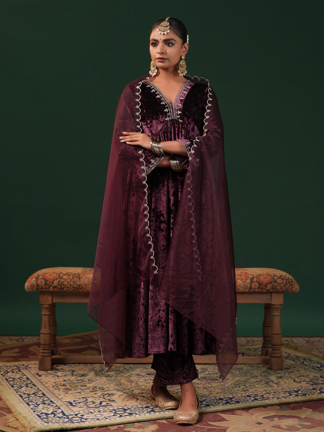 Women's Maroon Embroiderd Velvet Kurta Set with Dupatta