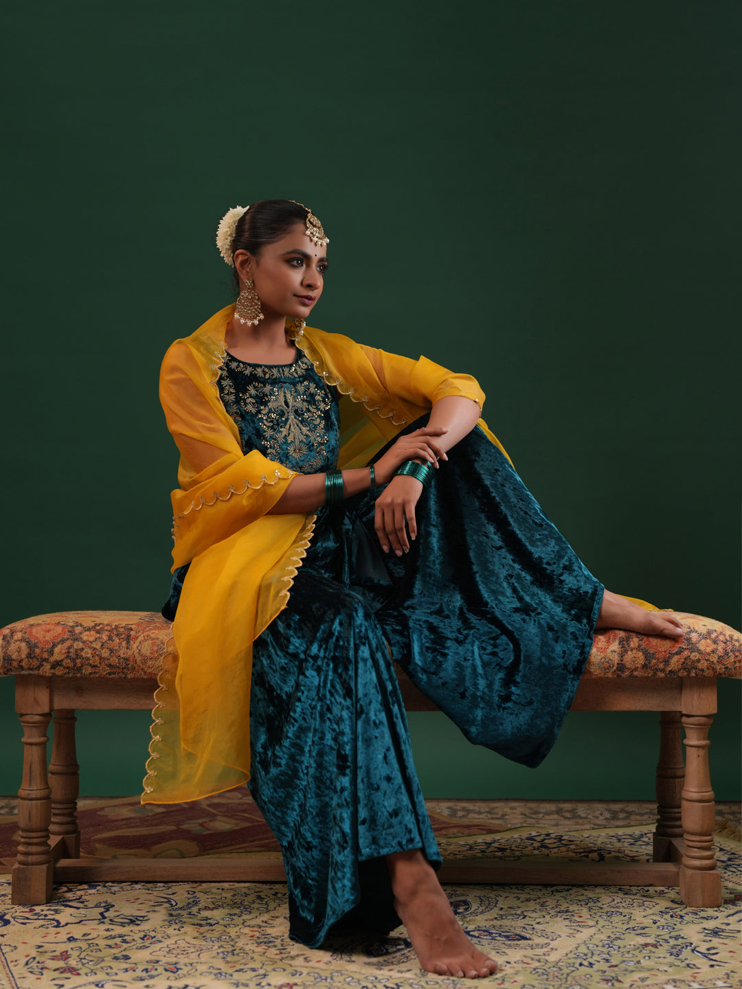 Women's Teal Embroiderd Velvet Kurta Set with Dupatta