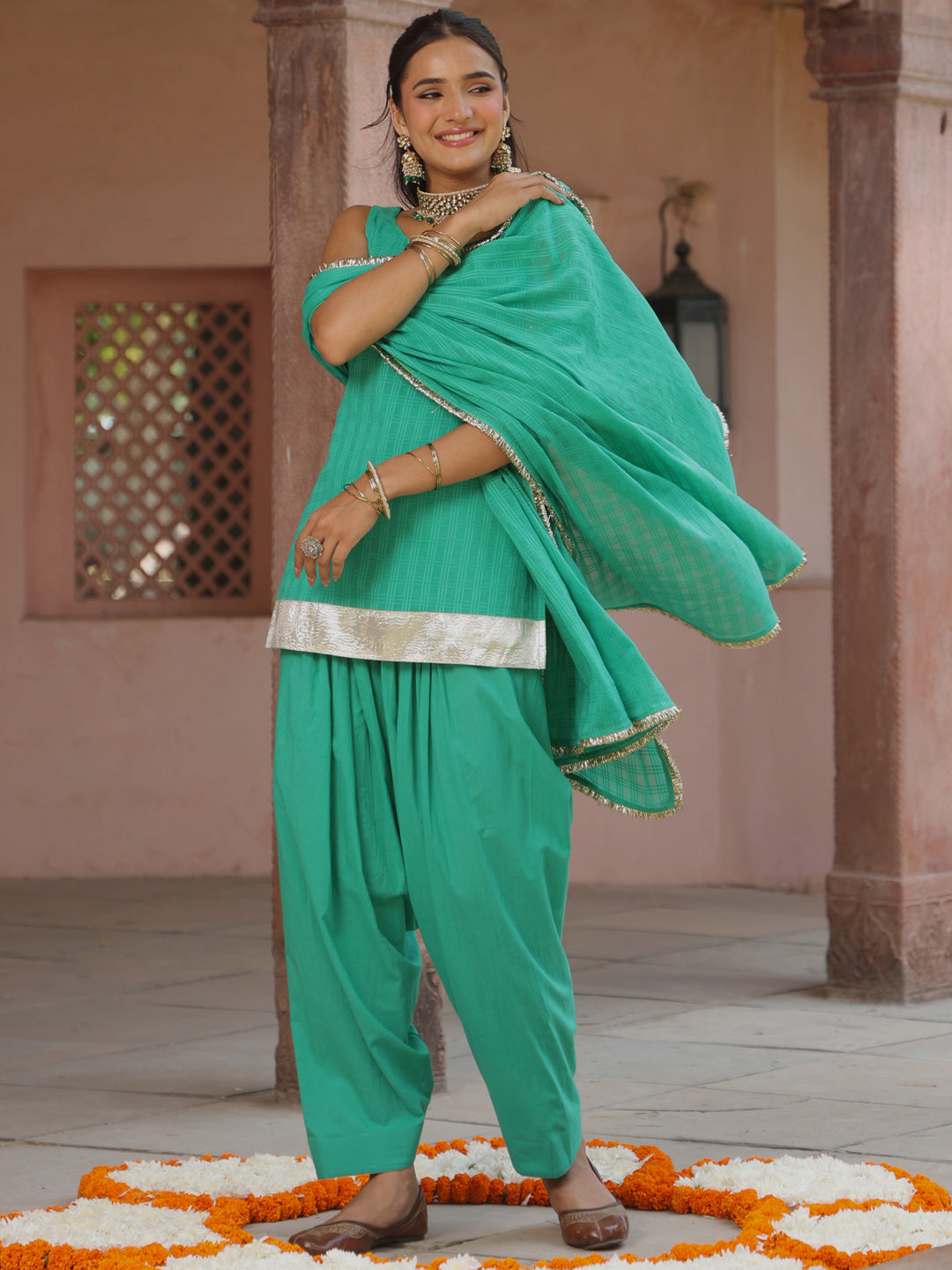 Women's Teal Woven Cotton Kurta with Salwar and Dupatta