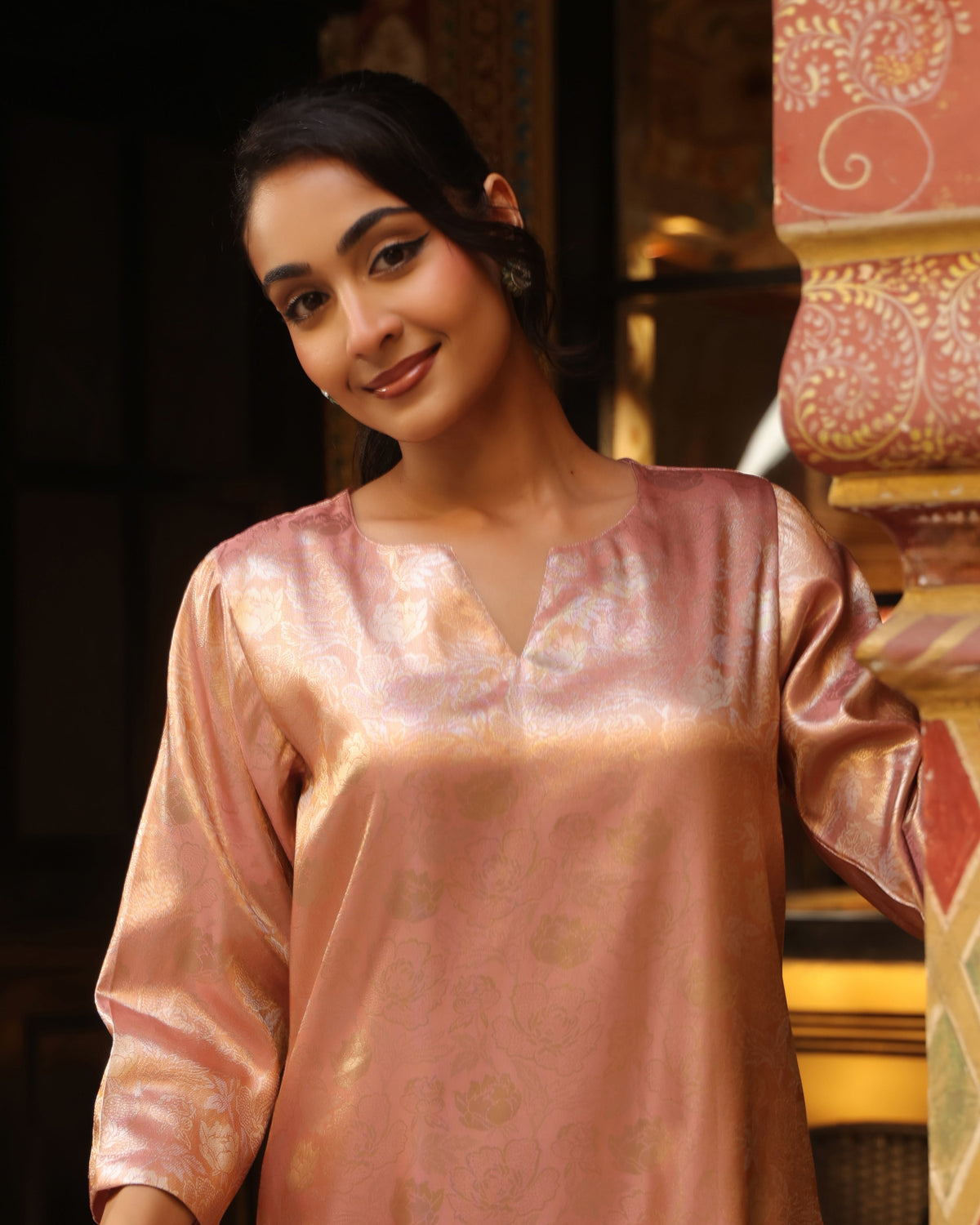 Women's Peach Brocade Long Kurta Set with Dupatta