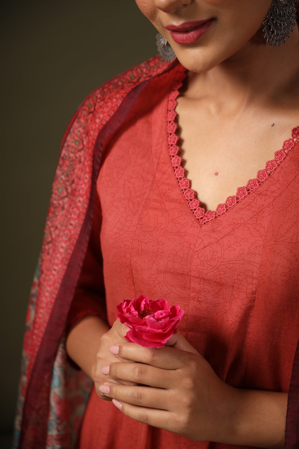 Women's Pink Cotton Kurta Set with Printed Chanderi Dupatta