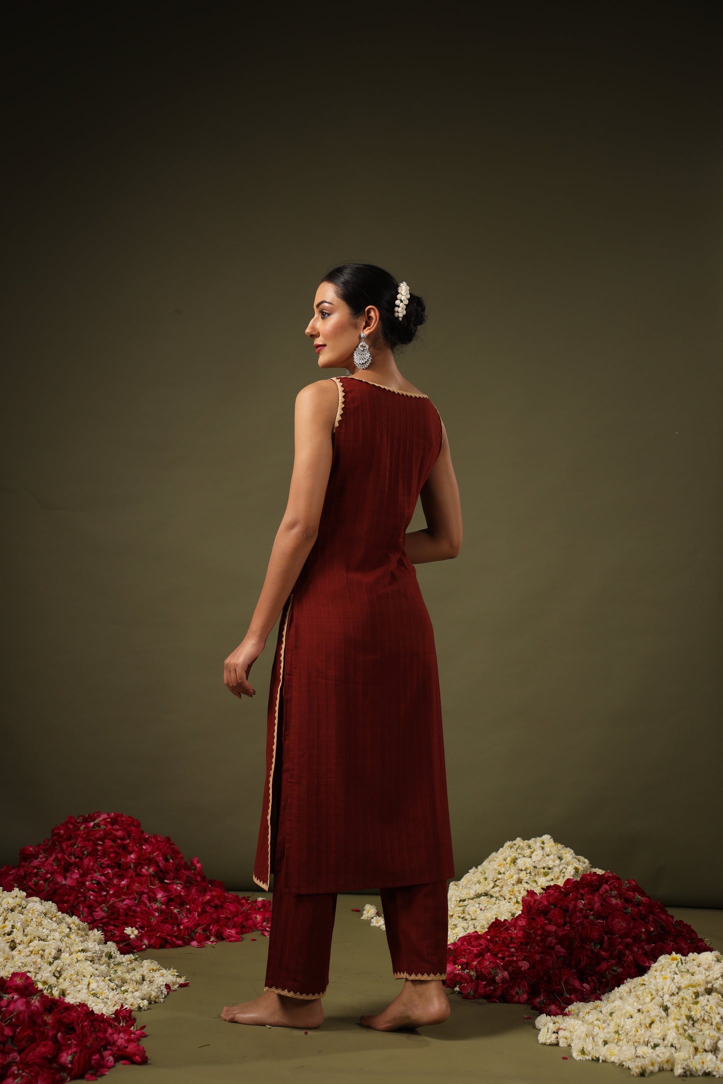 Women's Maroon Cotton Kurta Set with Printed Chanderi Dupatta