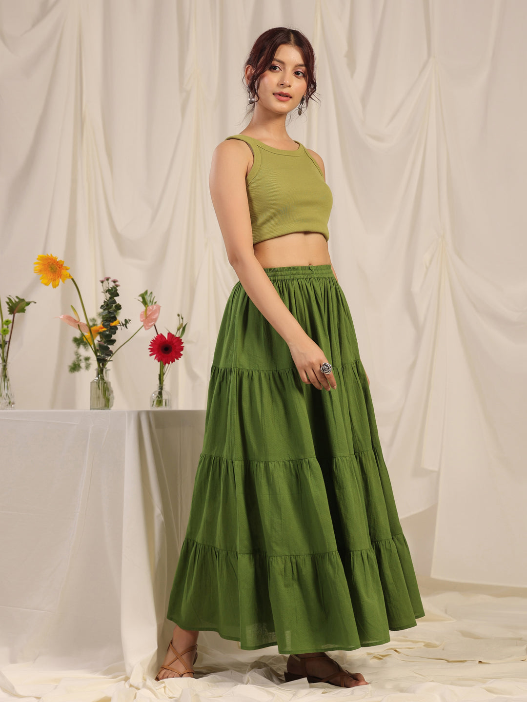 Women's Green flared Maxi Skirt