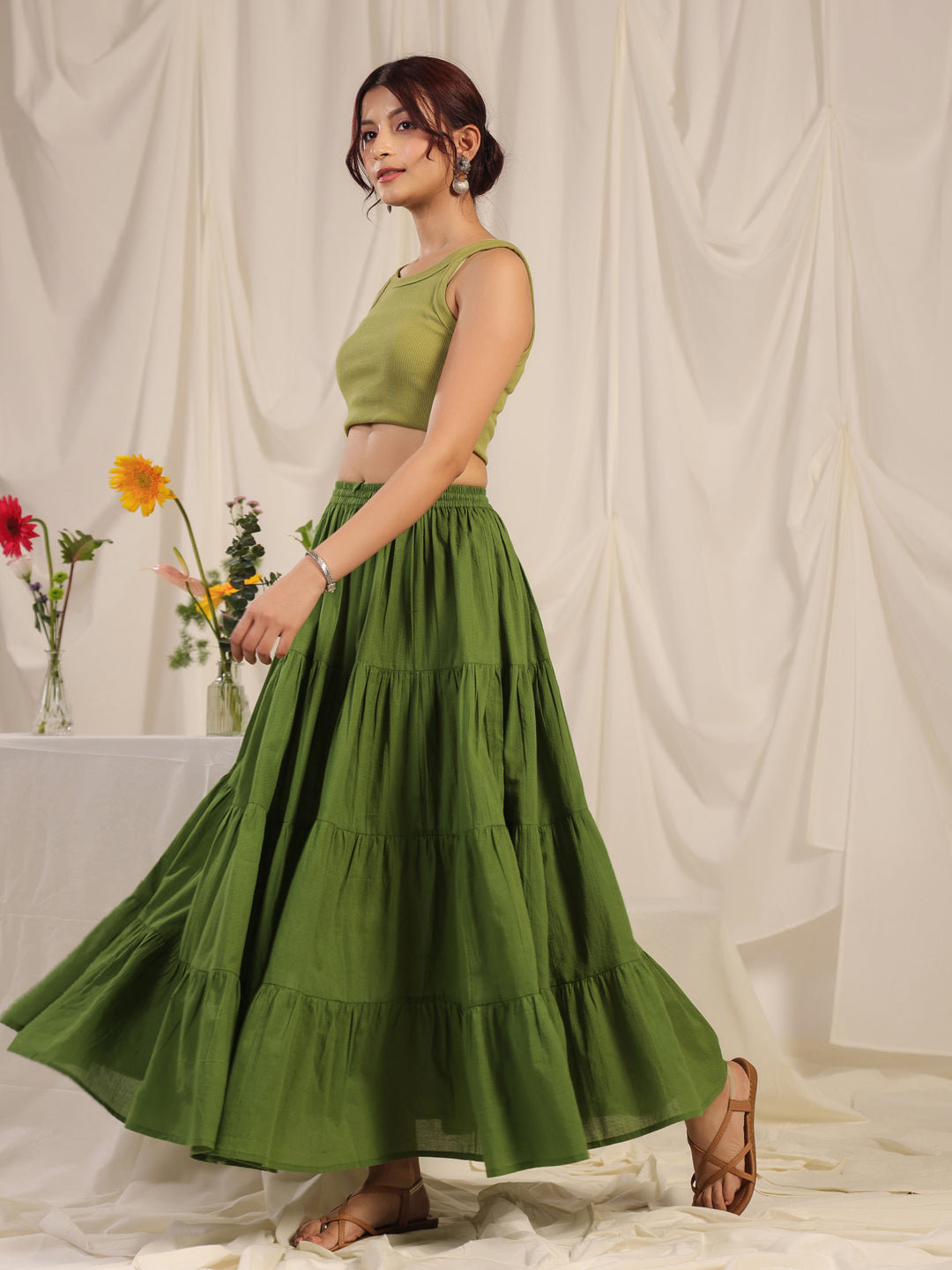 Women's Green flared Maxi Skirt
