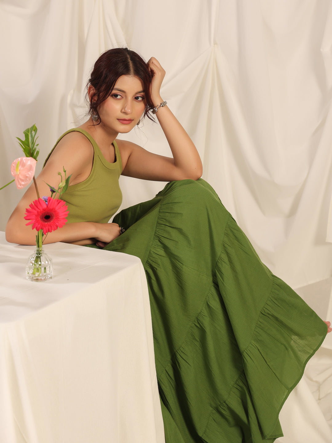 Women's Green flared Maxi Skirt