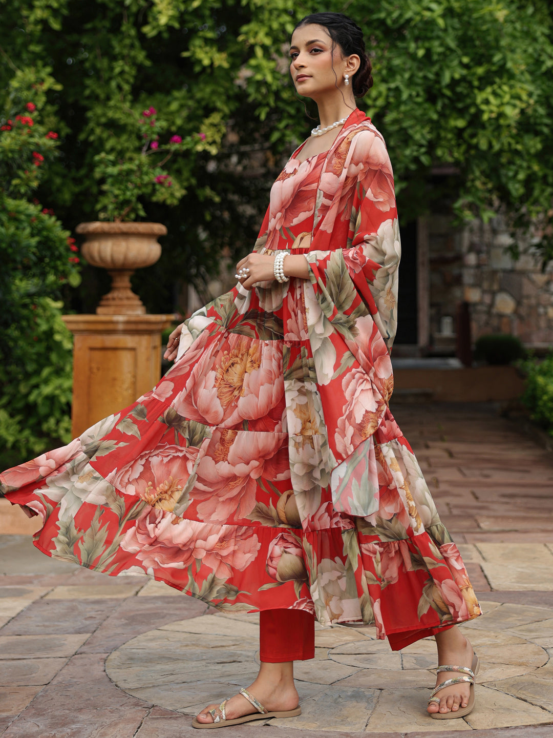 Women's Floral Tiered Kurta Set
