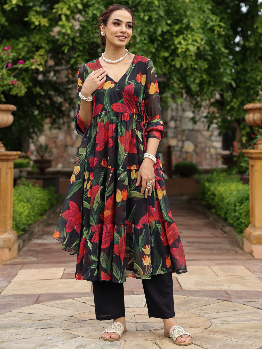 Women's Floral Tiered Angrakha Kurta Set